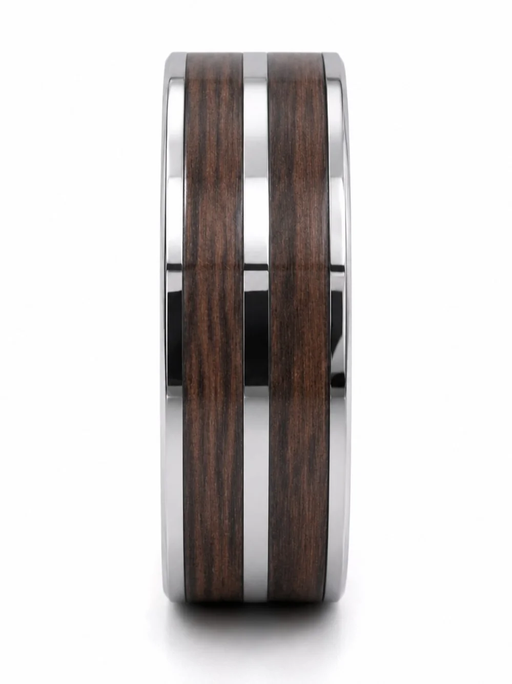 Polished Silver-Tone Tungsten Ring Band with Wood Inlay - Brown 8mm Wide